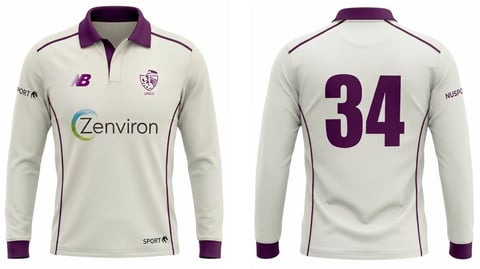 Front and back view of a cricket jersey with cream body, purple collar and cuffs, number 34 on back, and Zenviron sponsor logo