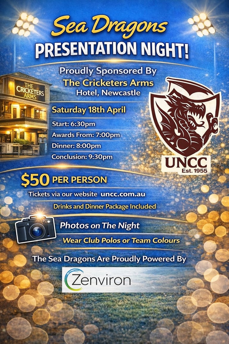 Sea Dragons presentation night event poster with details including date April 18th, venue The Cricketers Arms Hotel Newcastle, $50 per person, and sponsor logos