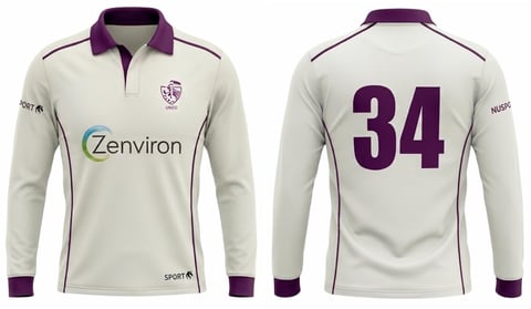 Long-sleeve cricket jersey with cream and purple colors, showing front and back views with number 34 and Zenviron sponsor logo