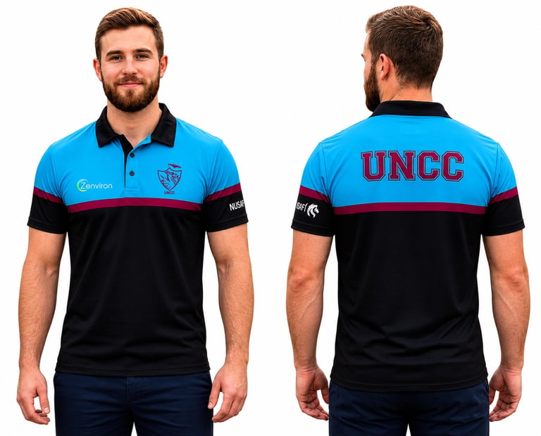 Man wearing blue and black UNCC polo shirt, shown from front and back views