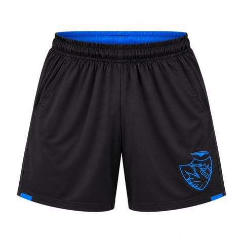 Black athletic shorts with blue trim and logo design