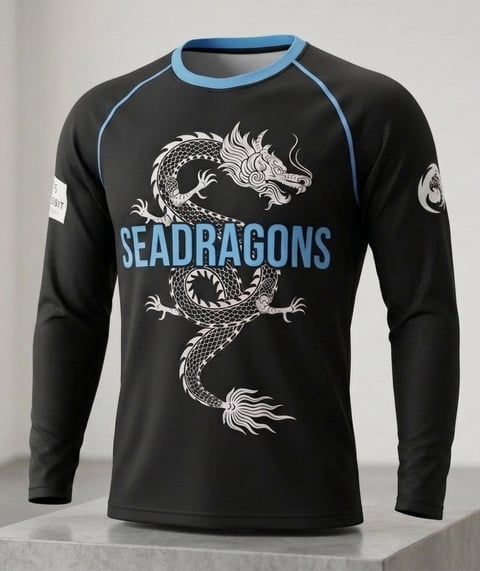 Black long-sleeve rash guard with blue trim featuring white dragon graphic and Seadragons text