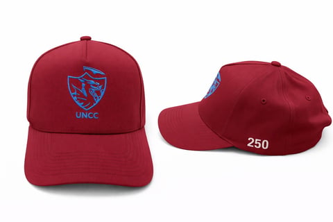 Red baseball cap with blue UNCE logo shown from front and side views