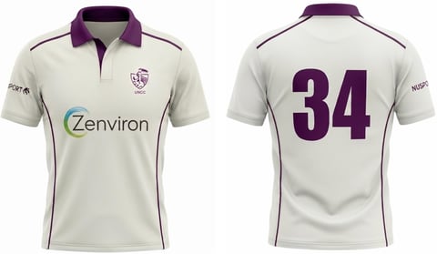 Front and back view of a cream cricket jersey with purple collar, Zenviron logo, and number 34