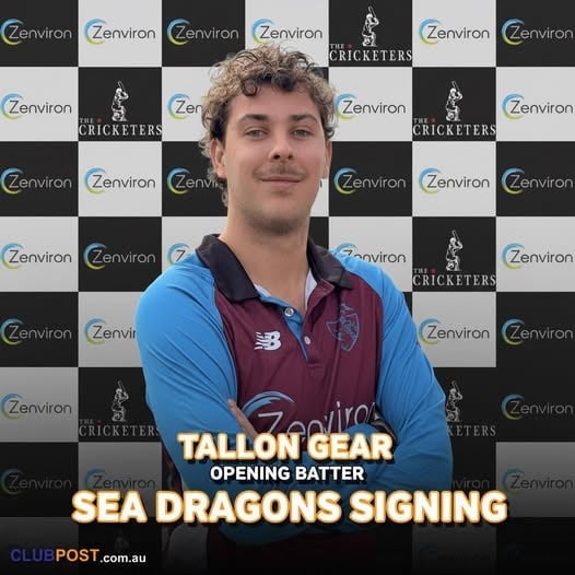 Tallon Gear, Sea Dragons opening batter, at signing event with Zenviron and Cricketers logos backdrop