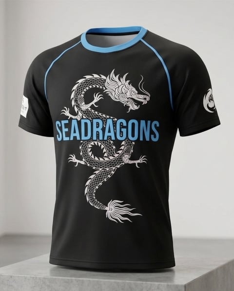 Black short-sleeve t-shirt with white dragon design and blue SEADRAGONS text, featuring blue neck binding and trim