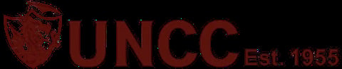 UNCC logo with shield emblem and Est. 1955 text in dark red on black background