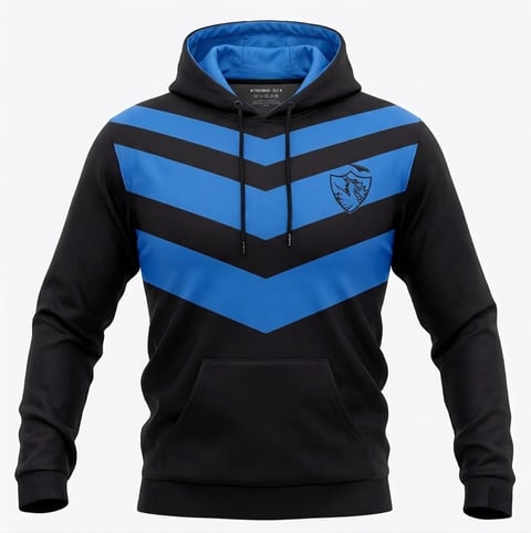 Black and blue chevron striped hoodie with kangaroo pocket and blue interior lining