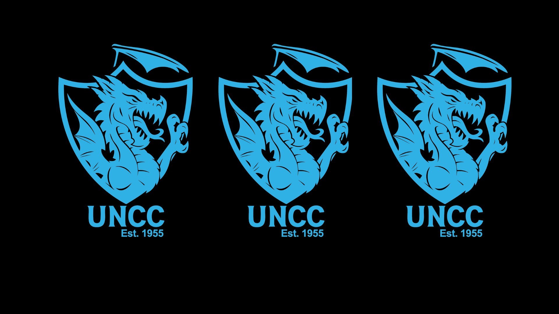 UNCC Rameses logo repeated three times in glowing blue neon against black background, established 1955