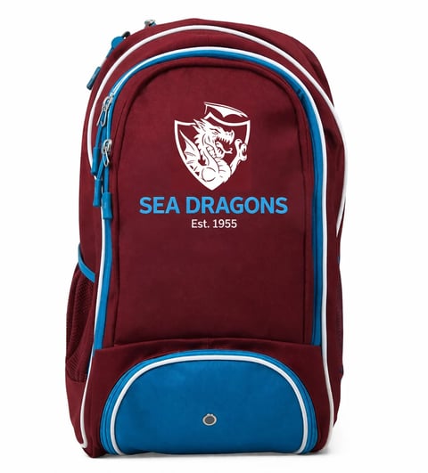 Burgundy and blue backpack with Sea Dragons logo and Est. 1955 text on front panel