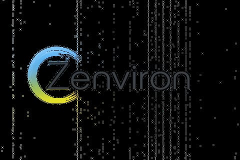 Zenviron logo with blue-to-yellow gradient circle on black background with digital matrix pattern