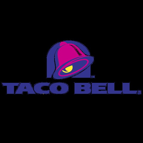 Taco Bell logo featuring a purple bell with a magenta stripe and yellow eye on black background
