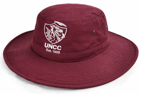 Maroon bucket hat with UNCC logo and Est. 1985 text embroidered on front