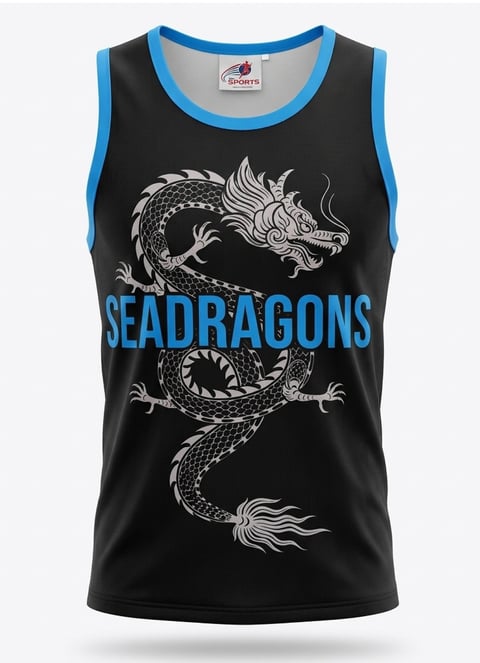 Black sleeveless sports tank top with blue trim featuring a white dragon design and SEADRAGONS text