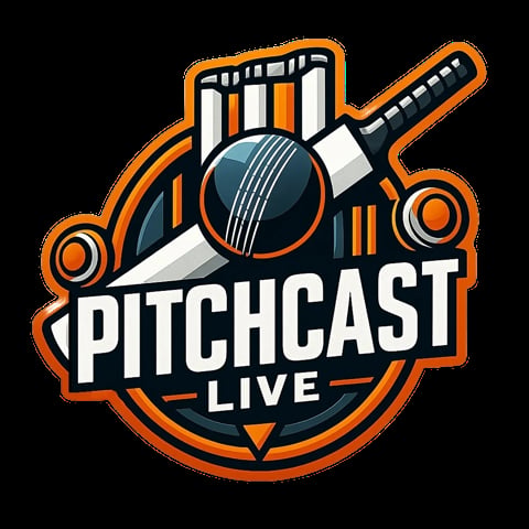 PitchCast Live logo featuring a cricket ball, stumps, and microphone in orange and blue design
