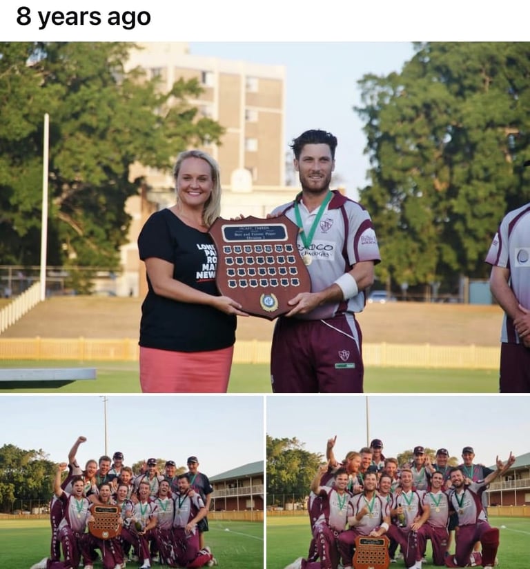 Woman and man holding trophy shield on sports field with team group photos below, dated 8 years ago