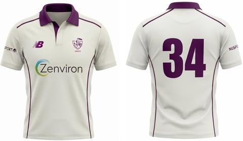 Front and back views of a cream cricket jersey with purple collar and number 34, featuring Zenviron sponsor logo and New Balance branding