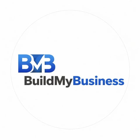 BuildMyBusiness logo featuring blue BMB initials and company name on white circular background
