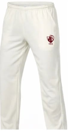 Pair of white cricket pants with an embroidered crest on the hip, featuring an elastic waistband and full-length straight legs