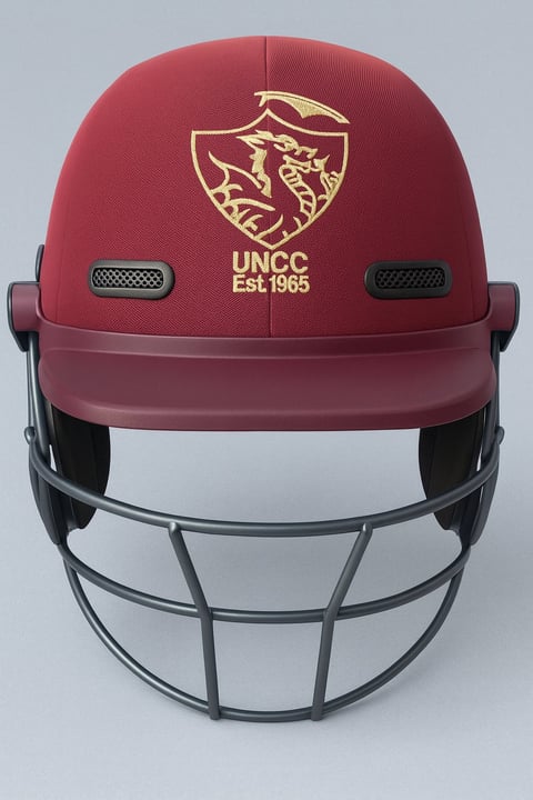 Red and maroon UNCC cricket helmet with gold logo and established 1965 text, featuring a protective face cage and front view