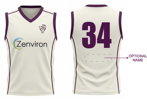 Front and back view of a cream and purple sleeveless basketball jersey with number 34 and Zenviron sponsor logo